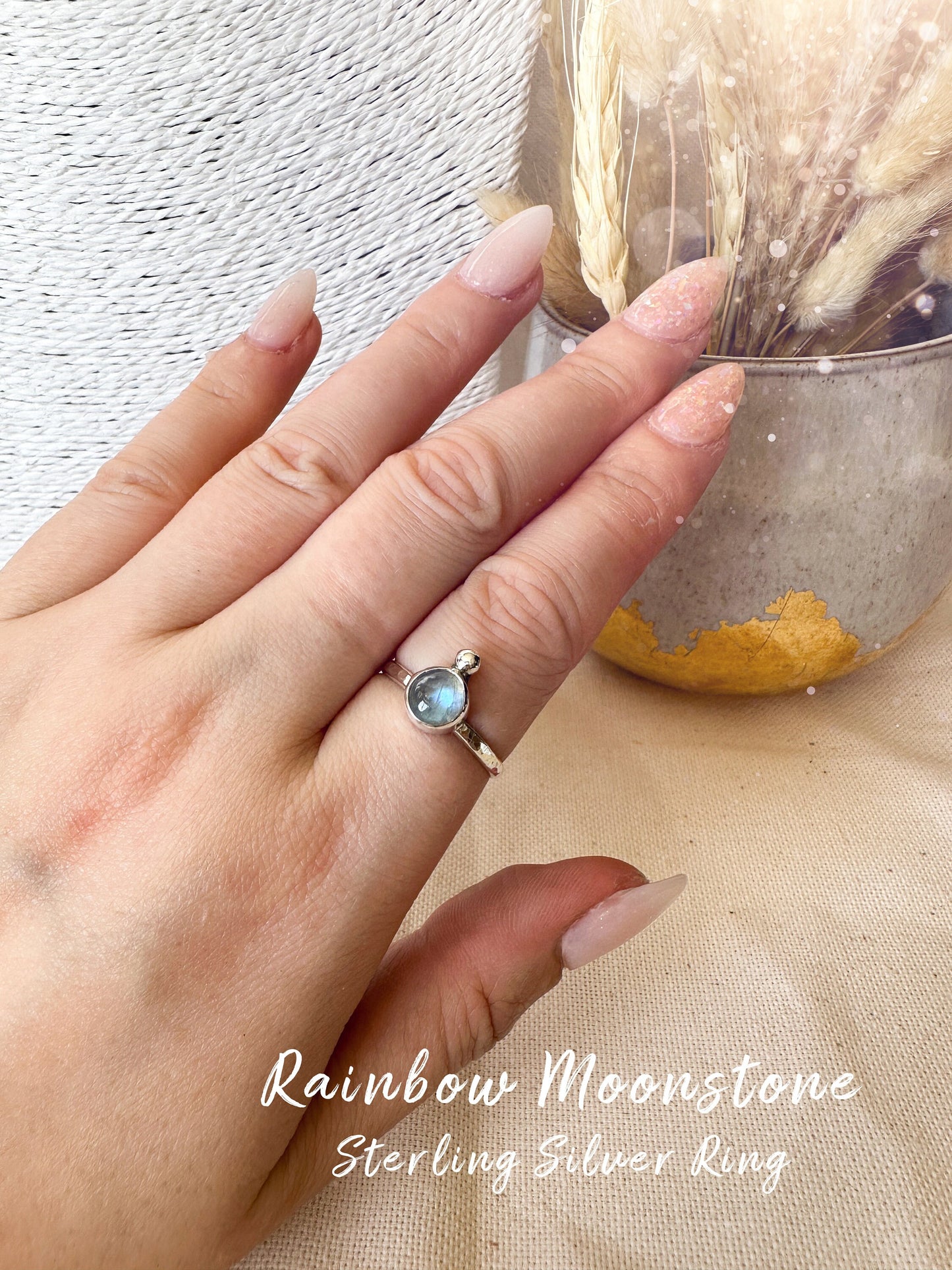 Handmade 925 Sterling Silver Rainbow Moonstone Crystal Ring - June Birthstone - Crystal Lovers gift, birthday gift, handmade jewellery