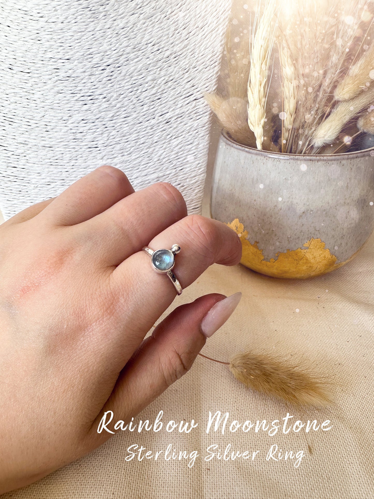 Handmade 925 Sterling Silver Rainbow Moonstone Crystal Ring - June Birthstone - Crystal Lovers gift, birthday gift, handmade jewellery