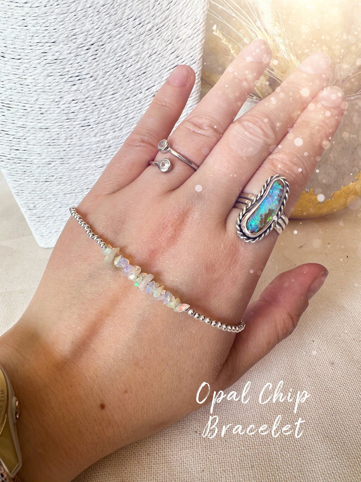 Dainty, Flashy Ethiopian Welo Opal Chip Stacking Bracelet - Great Colour play - Silver Plated - Birthday Gift - Handmade Jewellery