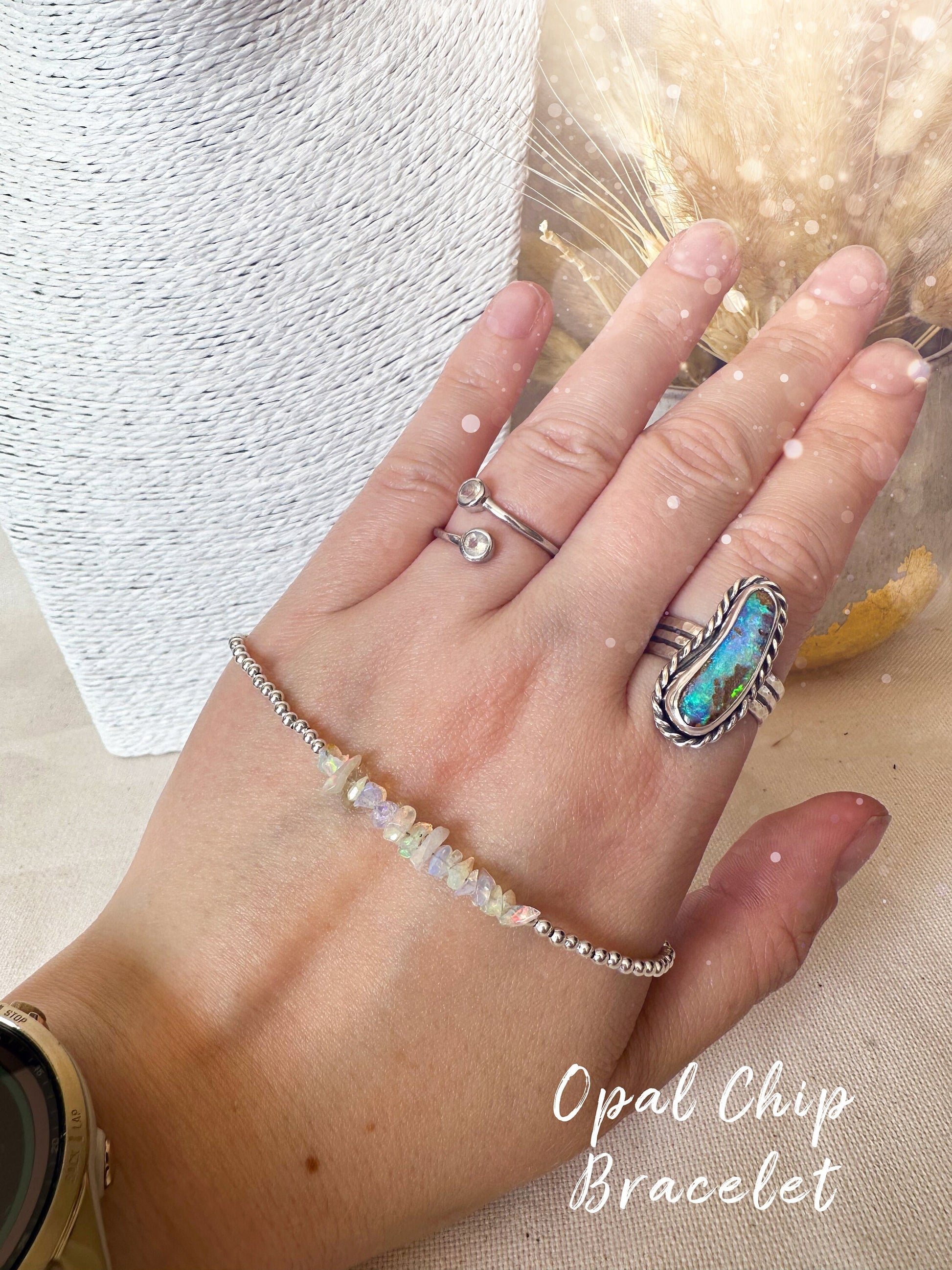 Dainty, Flashy Ethiopian Welo Opal Chip Stacking Bracelet - Great Colour play - Silver Plated - Birthday Gift - Handmade Jewellery