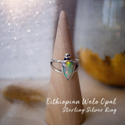 Handmade Ethiopian Welo Opal Ring set in Fine and 925 Sterling Silver, Size N - Engagement Ring, birthday gift