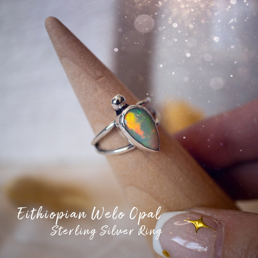 Handmade Ethiopian Welo Opal Ring set in Fine and 925 Sterling Silver, Size N - Engagement Ring, birthday gift