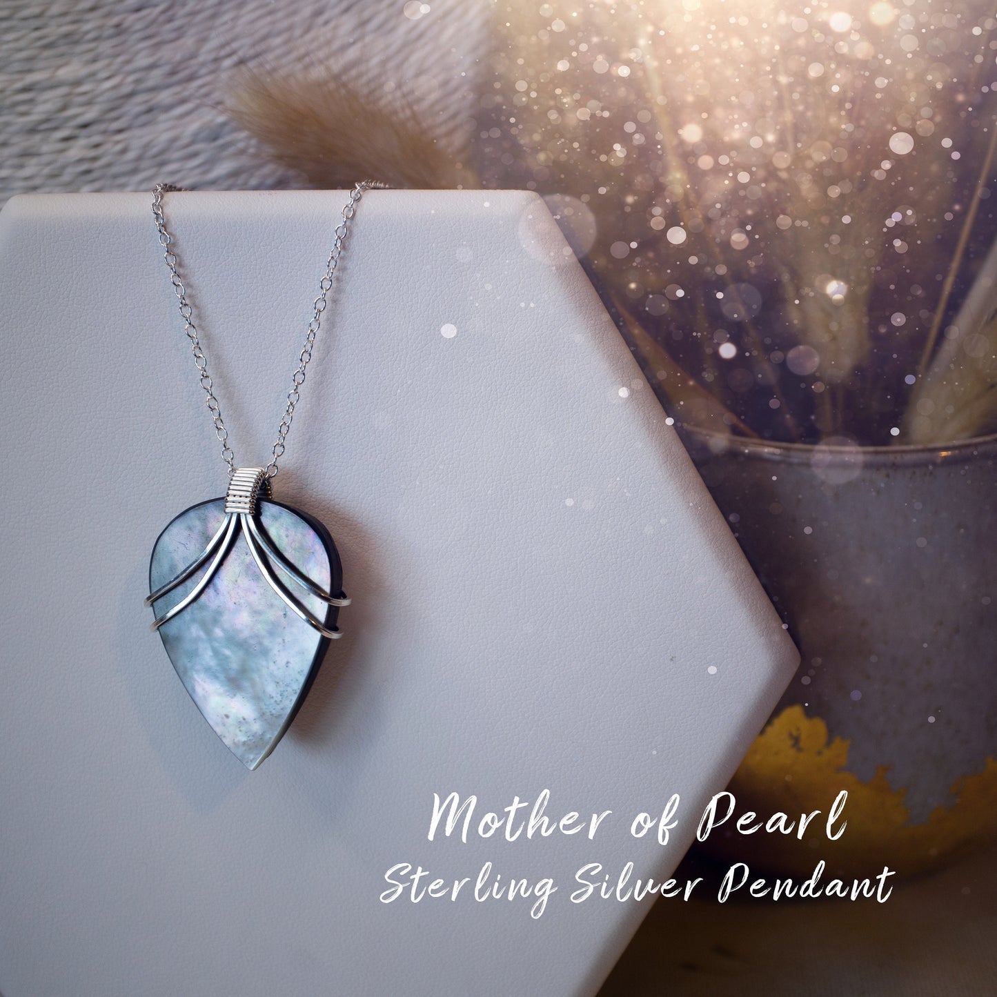 Mother of Pearl, Wire Wrapped Pendant in 925 Sterling Silver Wire - MOP - Handmade Jewellery - Birthday Gifts