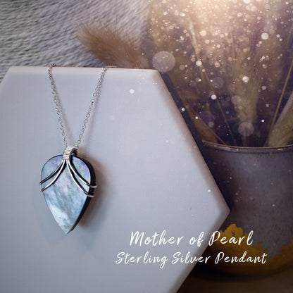 Mother of Pearl, Wire Wrapped Pendant in 925 Sterling Silver Wire - MOP - Handmade Jewellery - Birthday Gifts