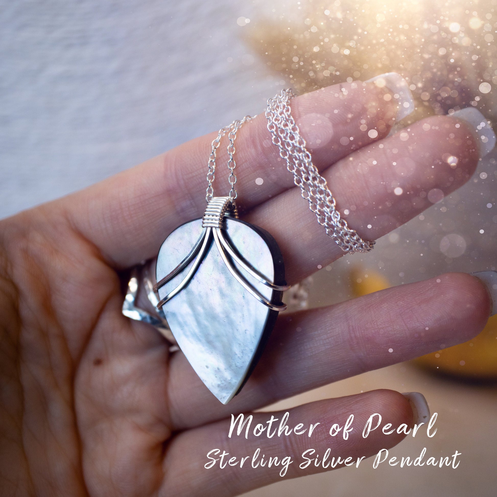 Mother of Pearl, Wire Wrapped Pendant in 925 Sterling Silver Wire - MOP - Handmade Jewellery - Birthday Gifts