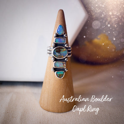 Handmade, Multi-stone, Australian Boulder Opal Ring, 925 Sterling Silver and Fine Silver - Size M 1/2 or 6.5 - Birthday Gift, Anniversary