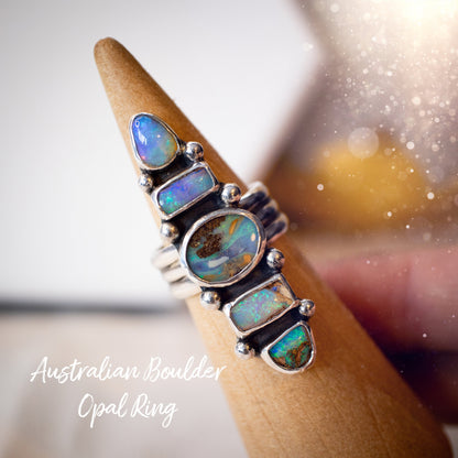 Handmade, Multi-stone, Australian Boulder Opal Ring, 925 Sterling Silver and Fine Silver - Size M 1/2 or 6.5 - Birthday Gift, Anniversary