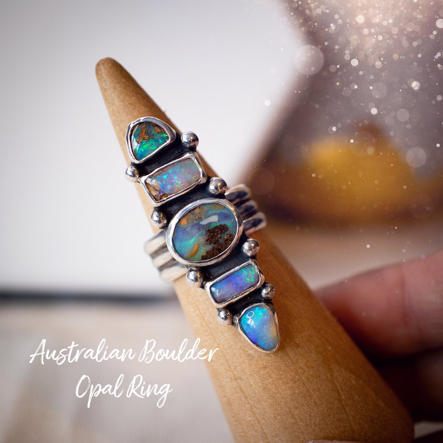 Handmade, Multi-stone, Australian Boulder Opal Ring, 925 Sterling Silver and Fine Silver - Size M 1/2 or 6.5 - Birthday Gift, Anniversary