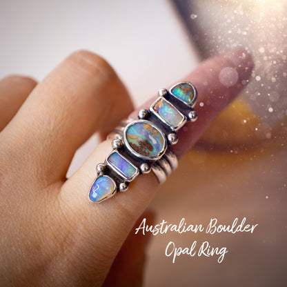 Handmade, Multi-stone, Australian Boulder Opal Ring, 925 Sterling Silver and Fine Silver - Size M 1/2 or 6.5 - Birthday Gift, Anniversary