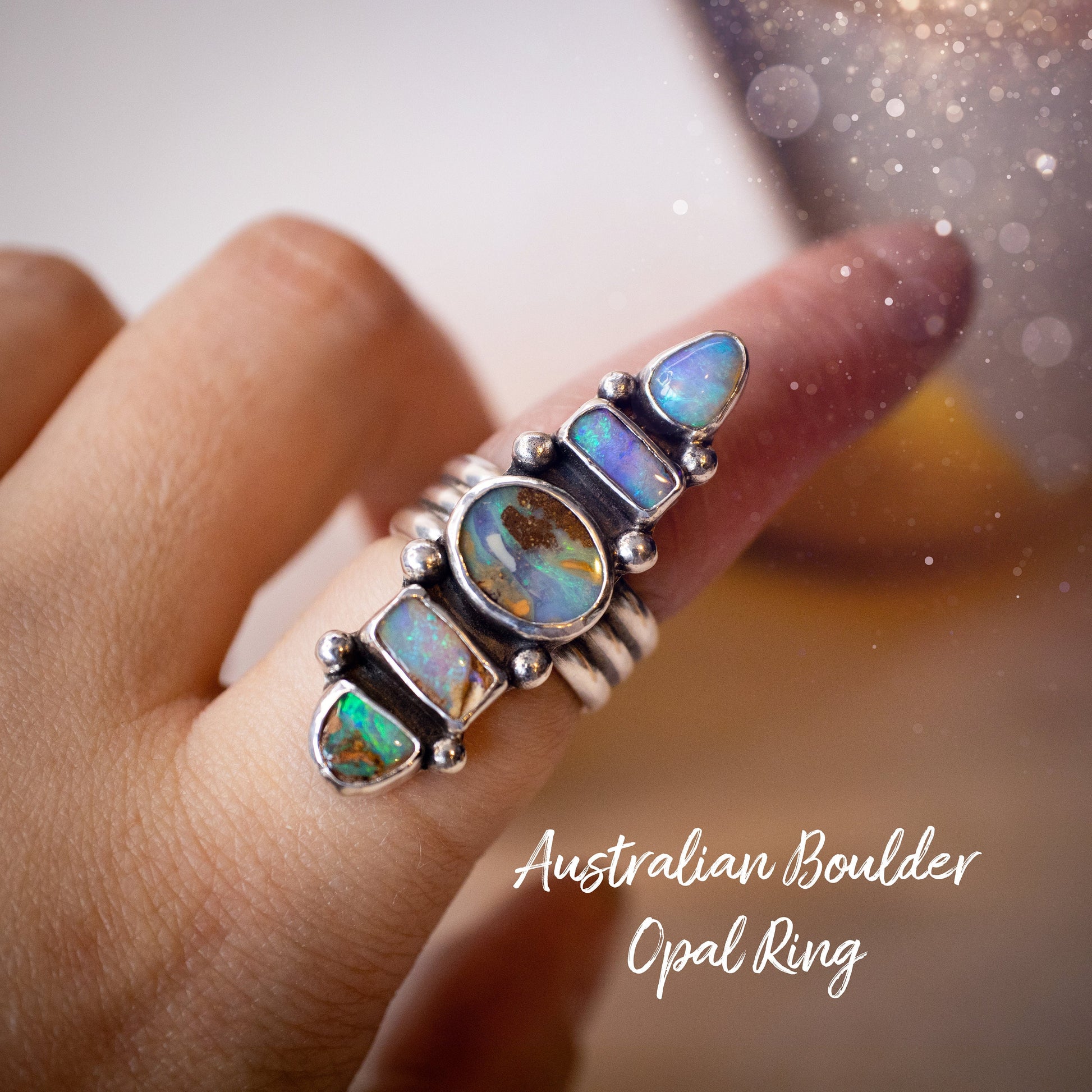 Handmade, Multi-stone, Australian Boulder Opal Ring, 925 Sterling Silver and Fine Silver - Size M 1/2 or 6.5 - Birthday Gift, Anniversary