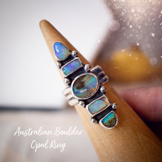 Handmade, Multi-stone, Australian Boulder Opal Ring, 925 Sterling Silver and Fine Silver - Size M 1/2 or 6.5 - Birthday Gift, Anniversary