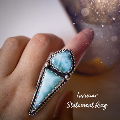 Handmade Larimar Statement Ring - Set in Fine and 925 Sterling - Size M UK - 6.25 US