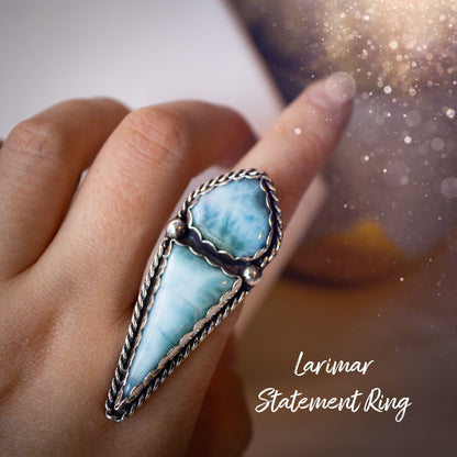 Handmade Larimar Statement Ring - Set in Fine and 925 Sterling - Size M UK - 6.25 US