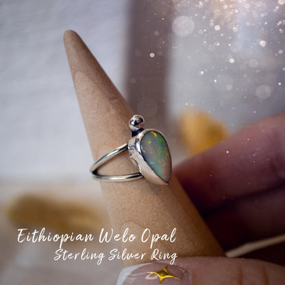 Handmade Ethiopian Welo Opal Ring set in Fine and 925 Sterling Silver, Size N - Engagement Ring, birthday gift