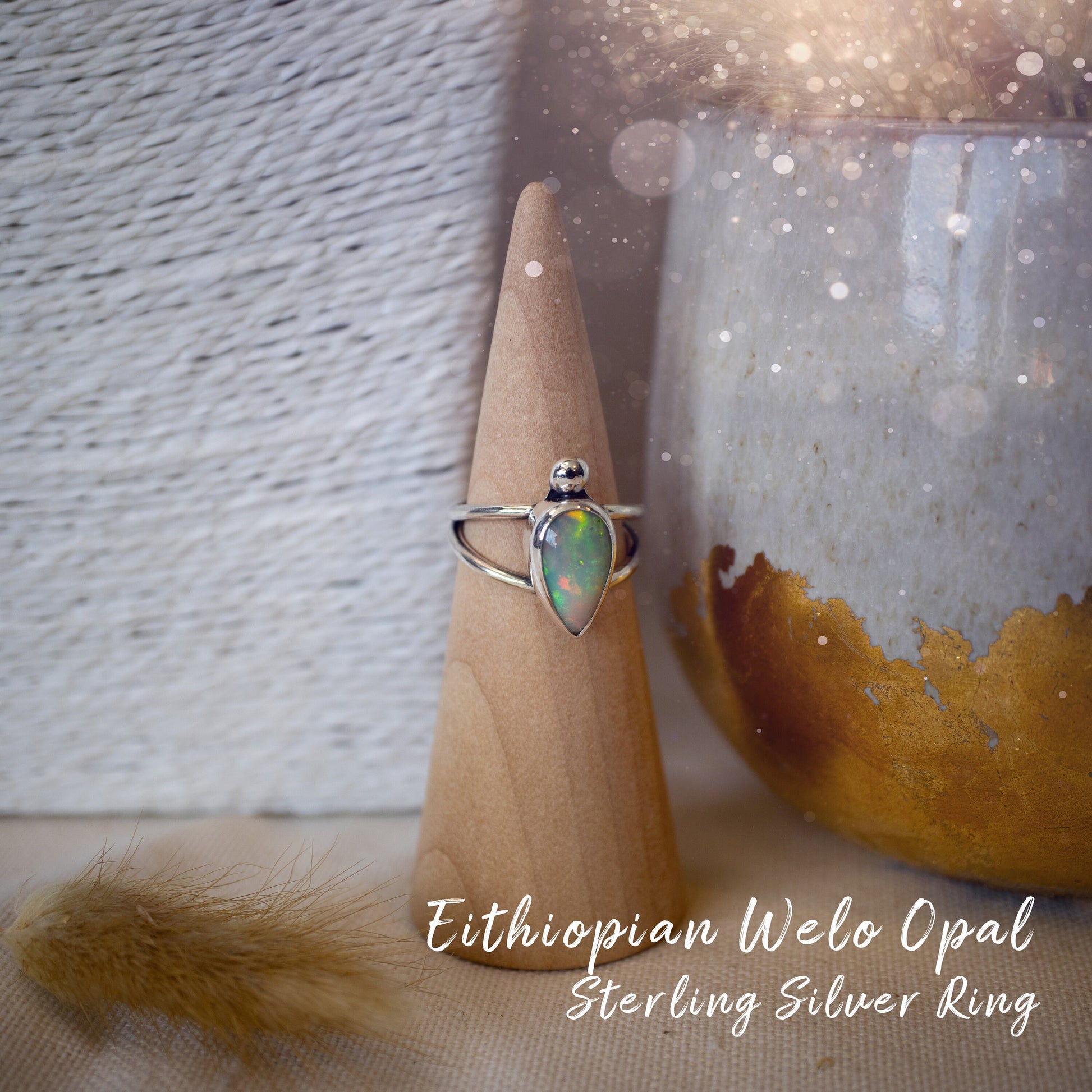 Handmade Ethiopian Welo Opal Ring set in Fine and 925 Sterling Silver, Size N - Engagement Ring, birthday gift