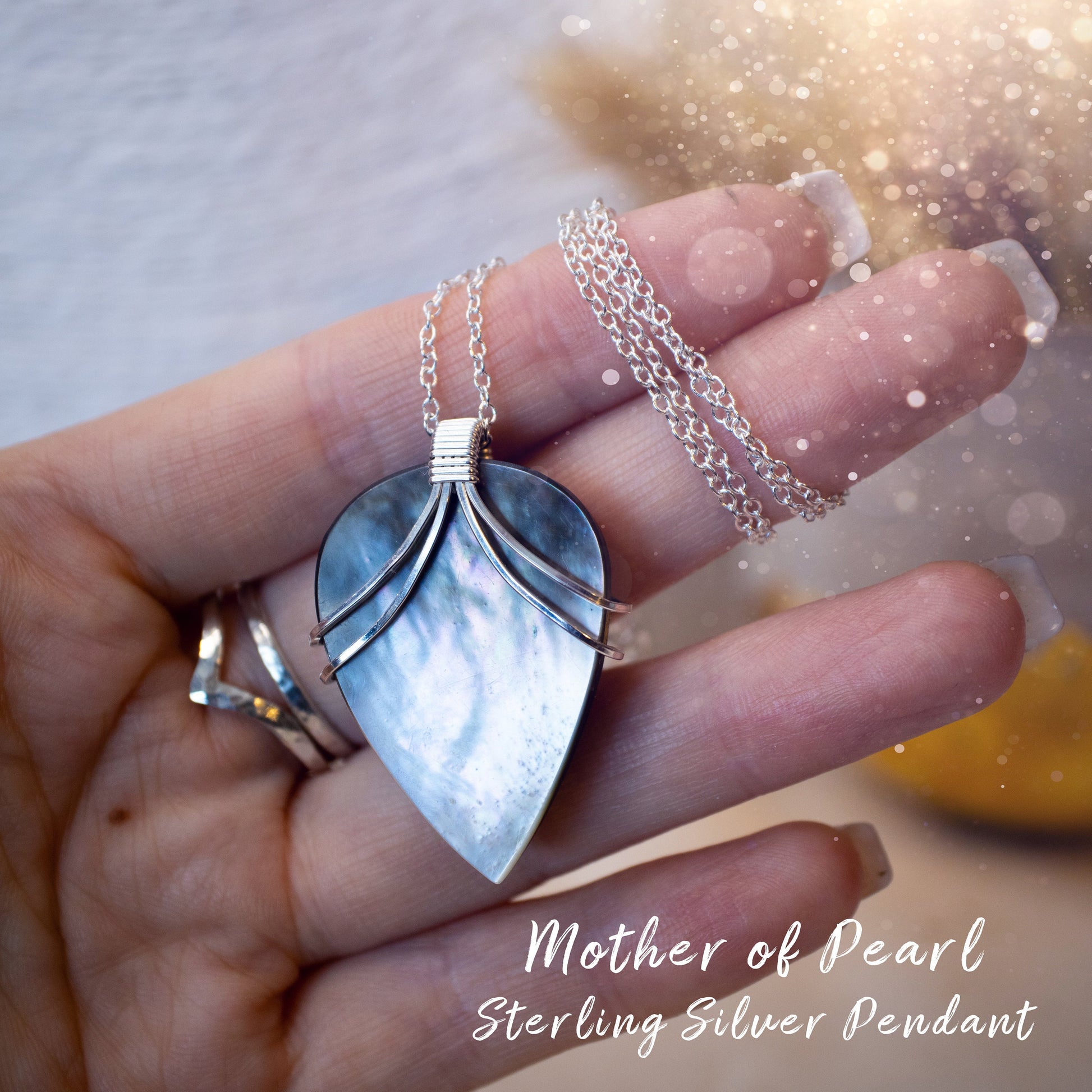 Mother of Pearl, Wire Wrapped Pendant in 925 Sterling Silver Wire - MOP - Handmade Jewellery - Birthday Gifts