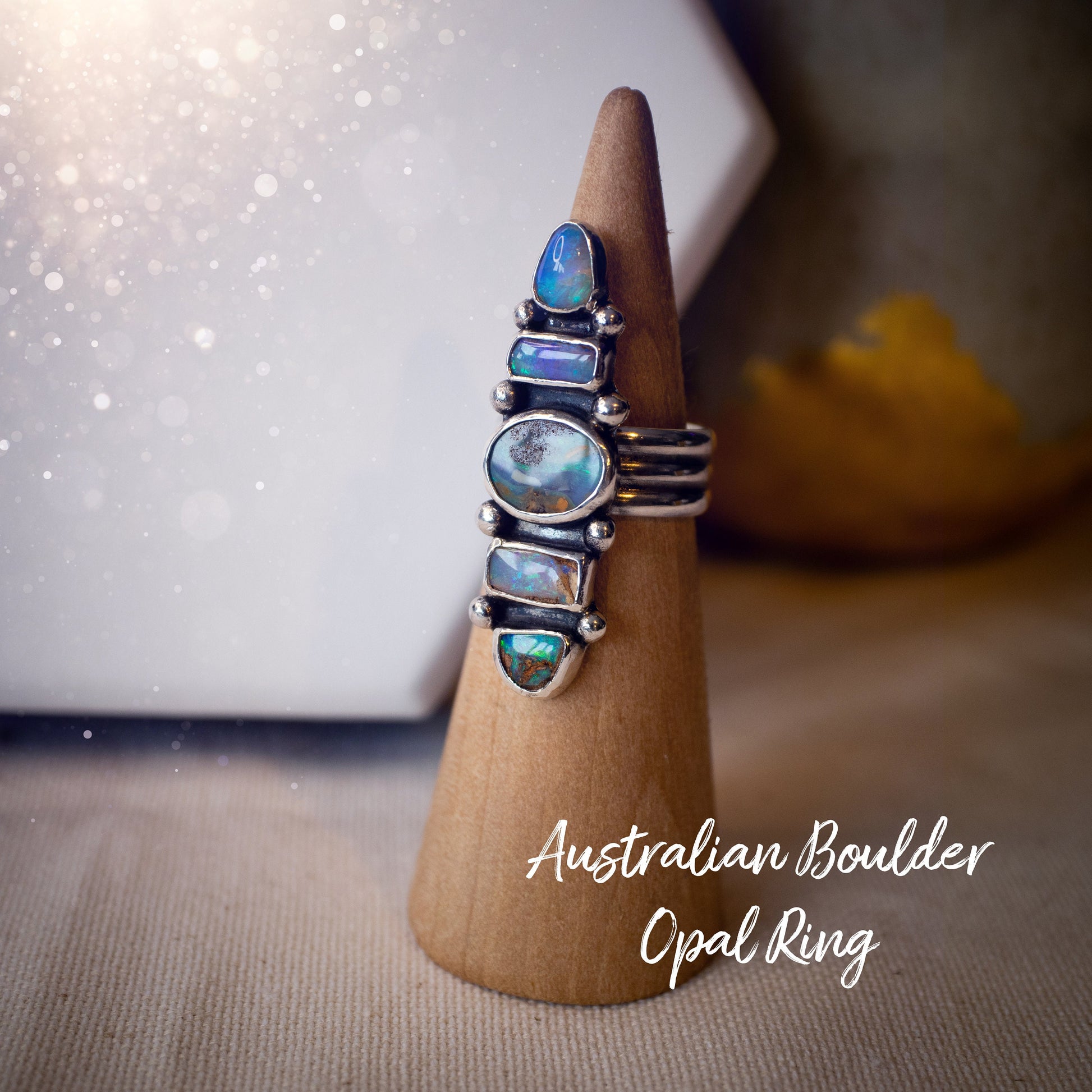 Handmade, Multi-stone, Australian Boulder Opal Ring, 925 Sterling Silver and Fine Silver - Size M 1/2 or 6.5 - Birthday Gift, Anniversary