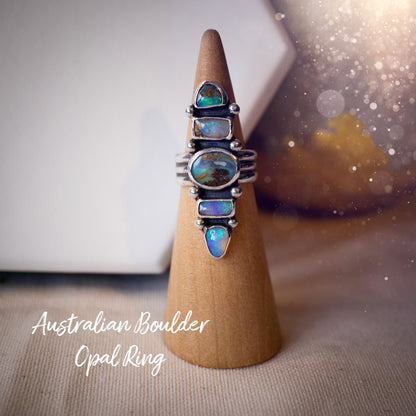 Handmade, Multi-stone, Australian Boulder Opal Ring, 925 Sterling Silver and Fine Silver - Size M 1/2 or 6.5 - Birthday Gift, Anniversary