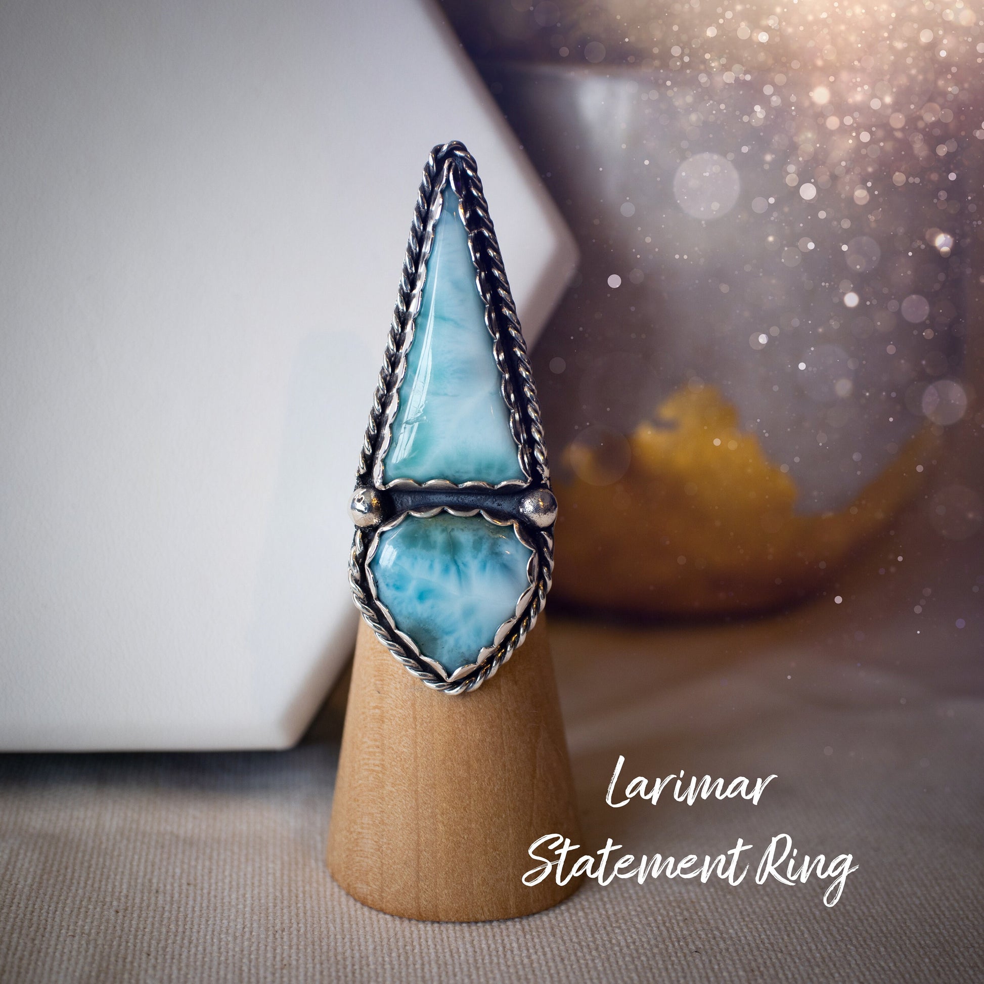 Handmade Larimar Statement Ring - Set in Fine and 925 Sterling - Size M UK - 6.25 US