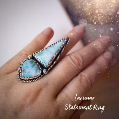 Handmade Larimar Statement Ring - Set in Fine and 925 Sterling - Size M UK - 6.25 US