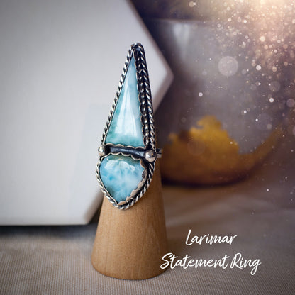 Handmade Larimar Statement Ring - Set in Fine and 925 Sterling - Size M UK - 6.25 US