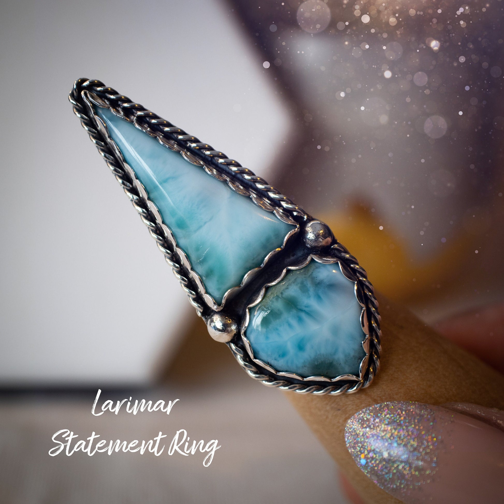 Handmade Larimar Statement Ring - Set in Fine and 925 Sterling - Size M UK - 6.25 US