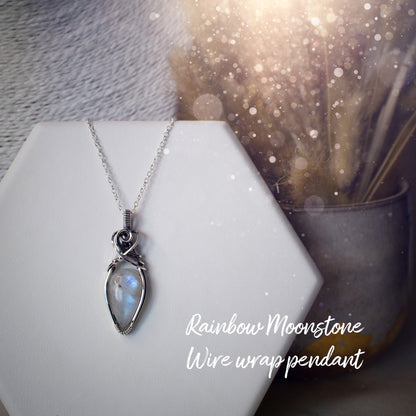 Dainty, Handmade Rainbow Moonstone Wire Wrap Pendant in 925 Sterling Silver Wire - June Birthstone - Birthday Gifts / Anniversary gifts