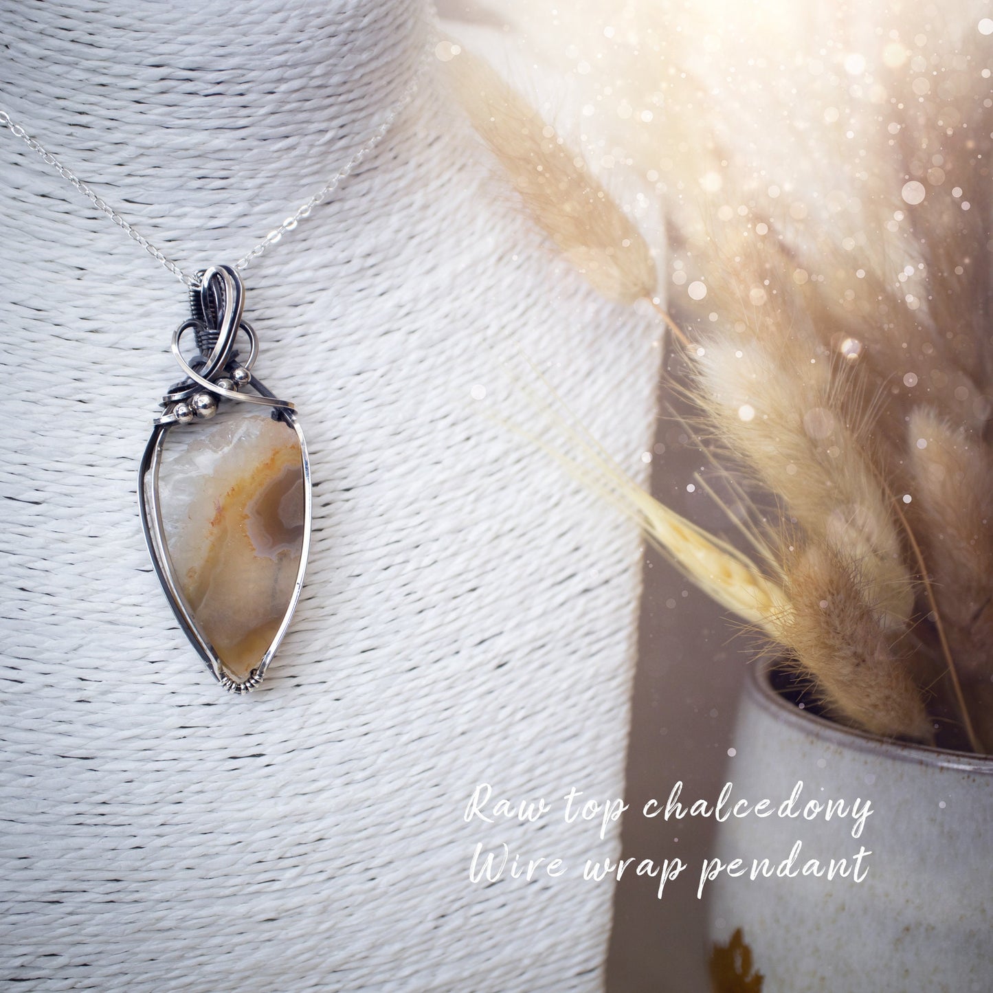 Raw Top Chalcedony Wire Wrap Pendant - In Sterling Silver - Christmas Gifts