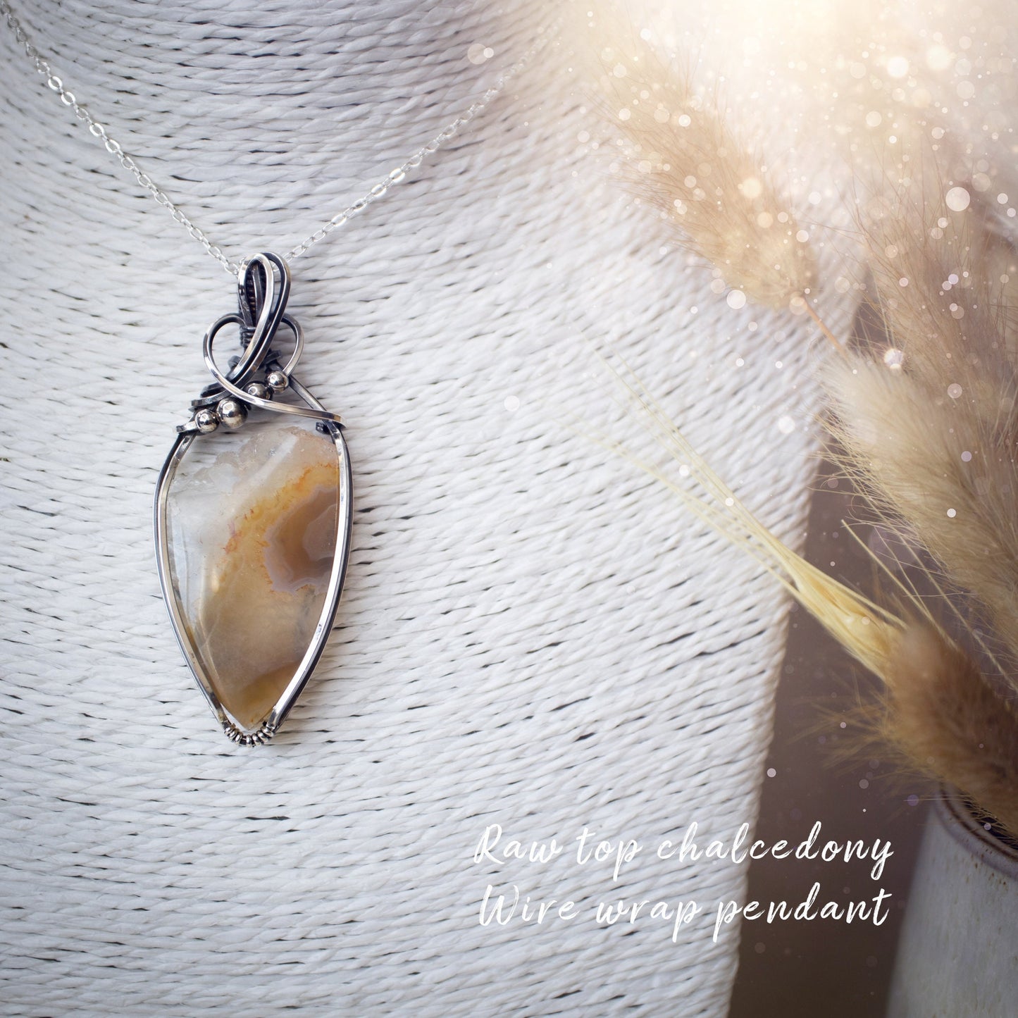 Raw Top Chalcedony Wire Wrap Pendant - In Sterling Silver - Christmas Gifts