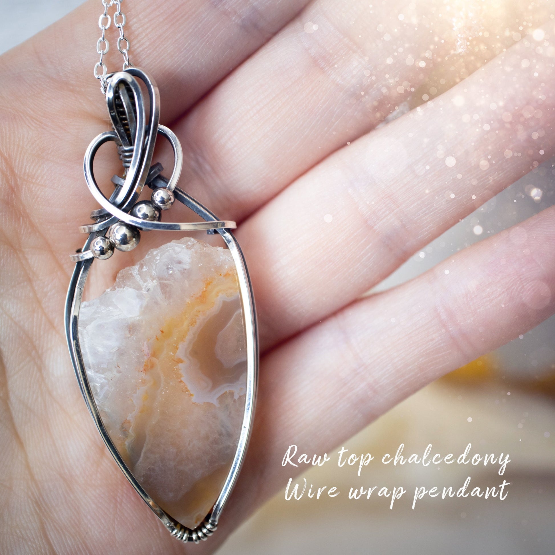 Raw Top Chalcedony Wire Wrap Pendant - In Sterling Silver - Christmas Gifts