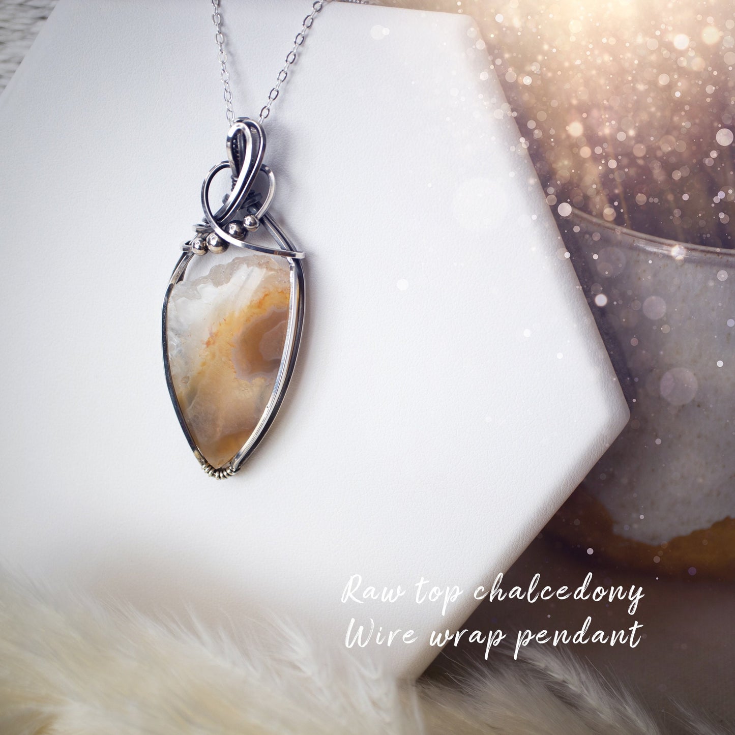 Raw Top Chalcedony Wire Wrap Pendant - In Sterling Silver - Christmas Gifts