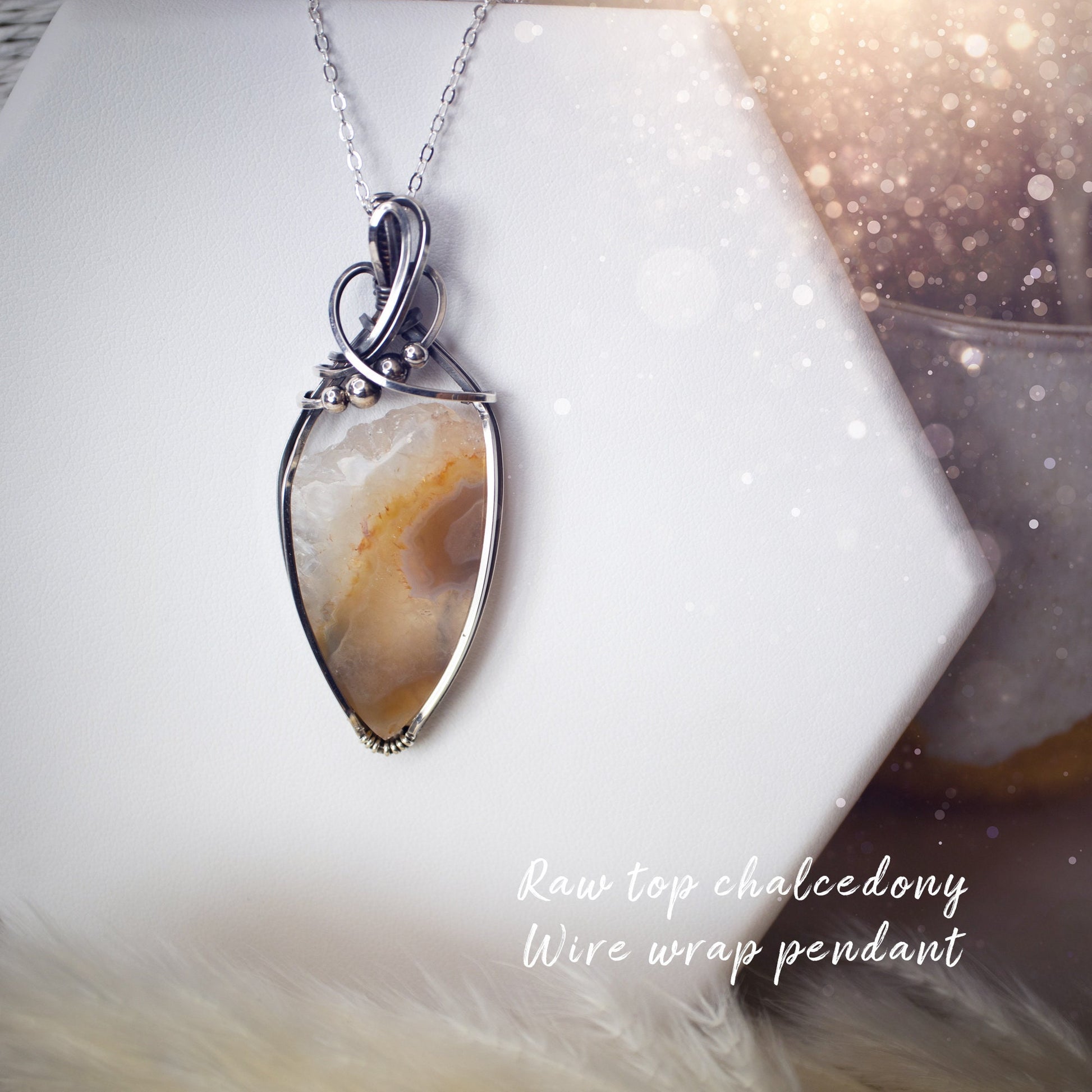 Raw Top Chalcedony Wire Wrap Pendant - In Sterling Silver - Christmas Gifts