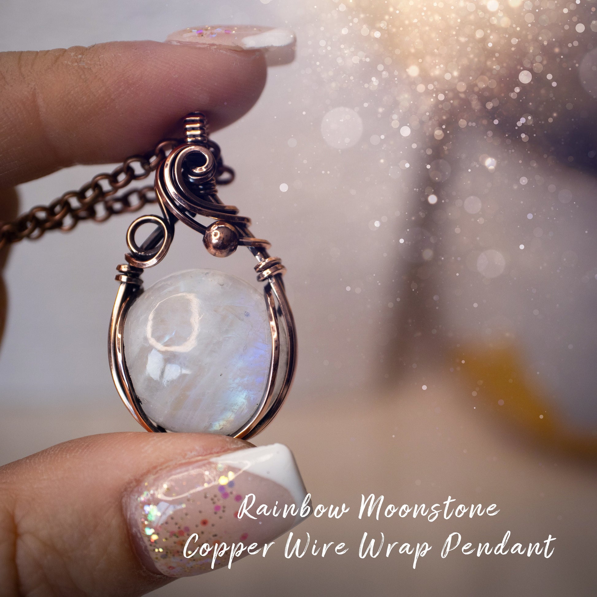 This is a one of a kind, handmade copper wire wrap pendant which features a natural flashy rainbow moonstone crystal. The rainbow moonstone crystal has a beautiful blue flash from different angles and compliments the highly polished, antiqued copper wire which shines luxury! Ideal gift for special occasions