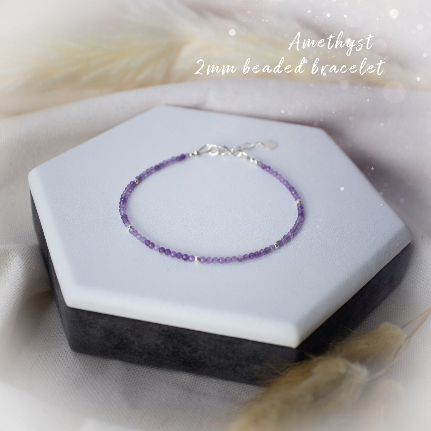 Beautiful 2mm beaded amethyst bracelet. Made from natural crystal stones, available with a choice of findings, sterling silver, rose gold filled and gold filled.