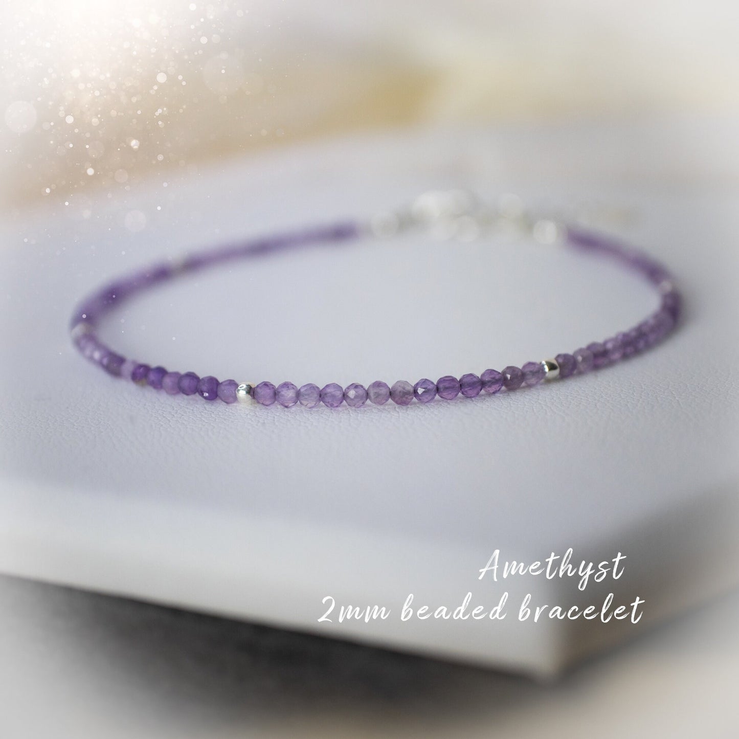 Beautiful 2mm beaded amethyst bracelet. Made from natural crystal stones, available with a choice of findings, sterling silver, rose gold filled and gold filled.