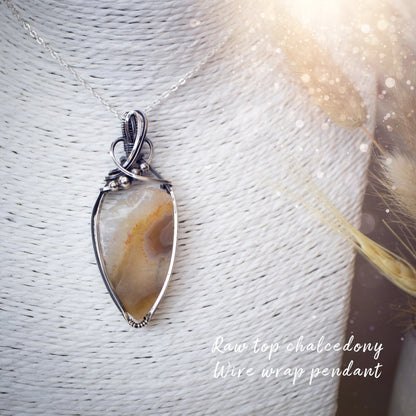 Raw Top Chalcedony Wire Wrap Pendant - In Sterling Silver - Christmas Gifts