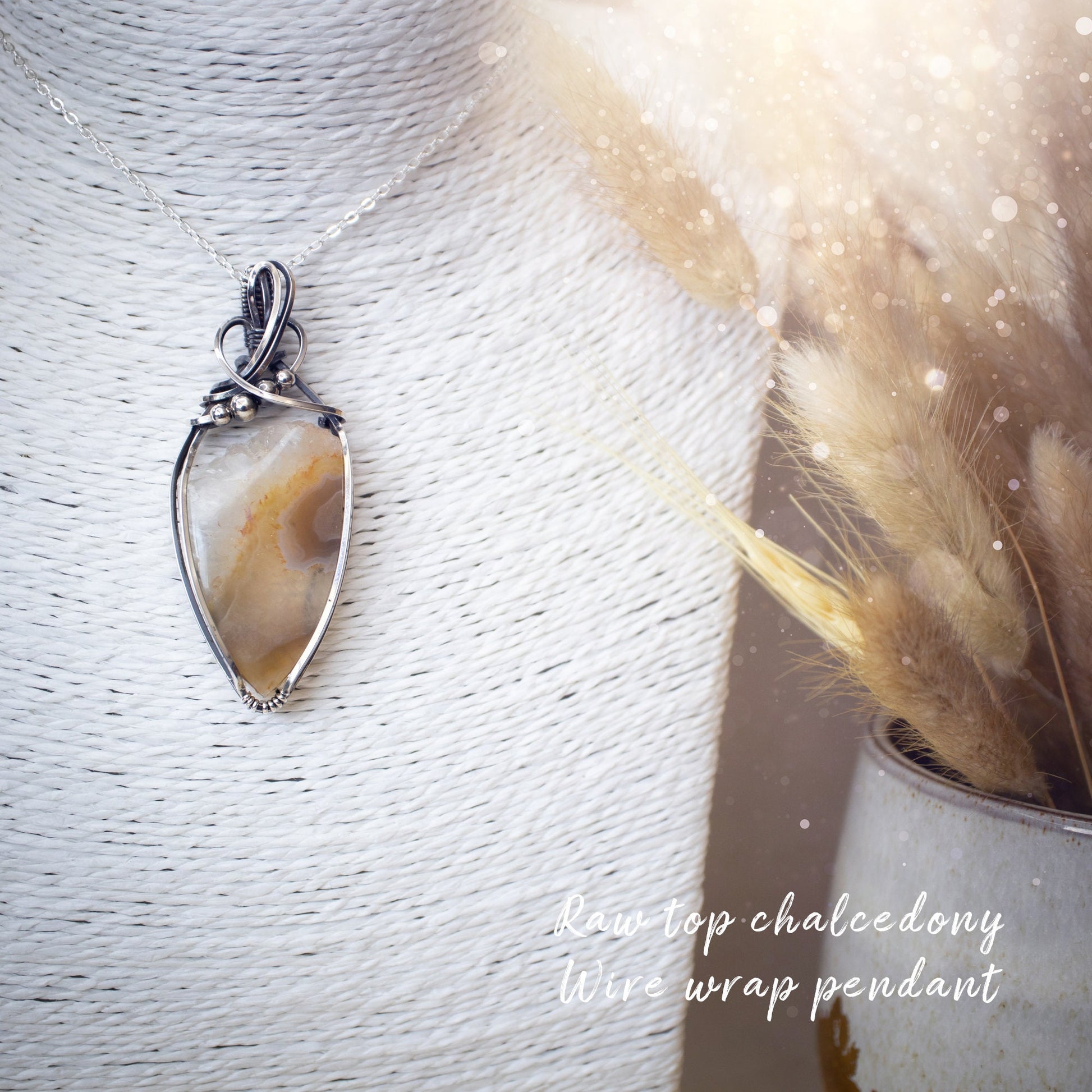 Raw Top Chalcedony Wire Wrap Pendant - In Sterling Silver - Christmas Gifts