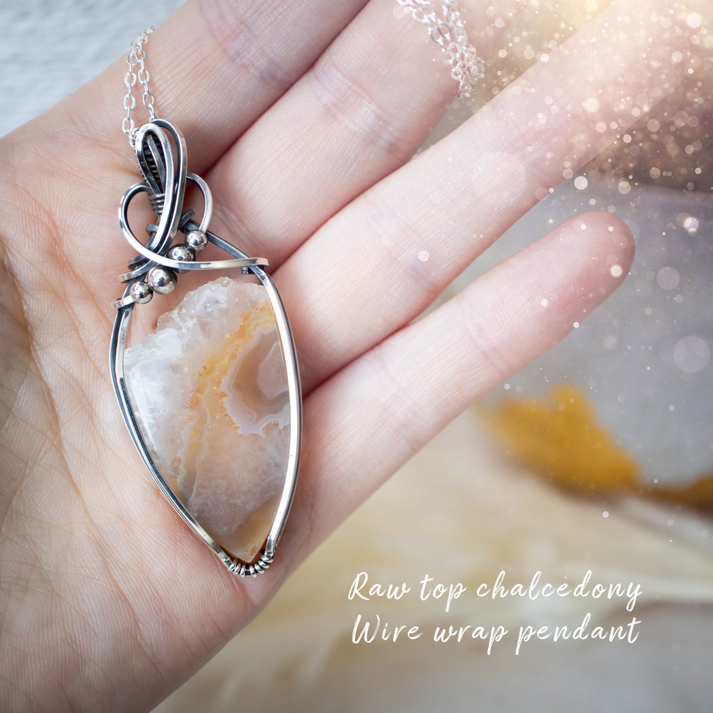 Raw Top Chalcedony Wire Wrap Pendant - In Sterling Silver - Christmas Gifts