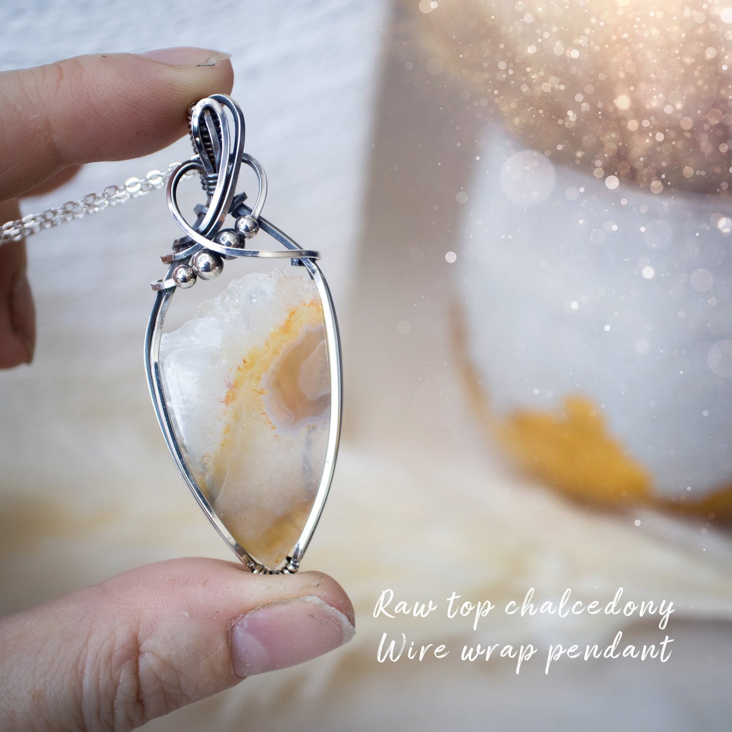 Raw Top Chalcedony Wire Wrap Pendant - In Sterling Silver - Christmas Gifts