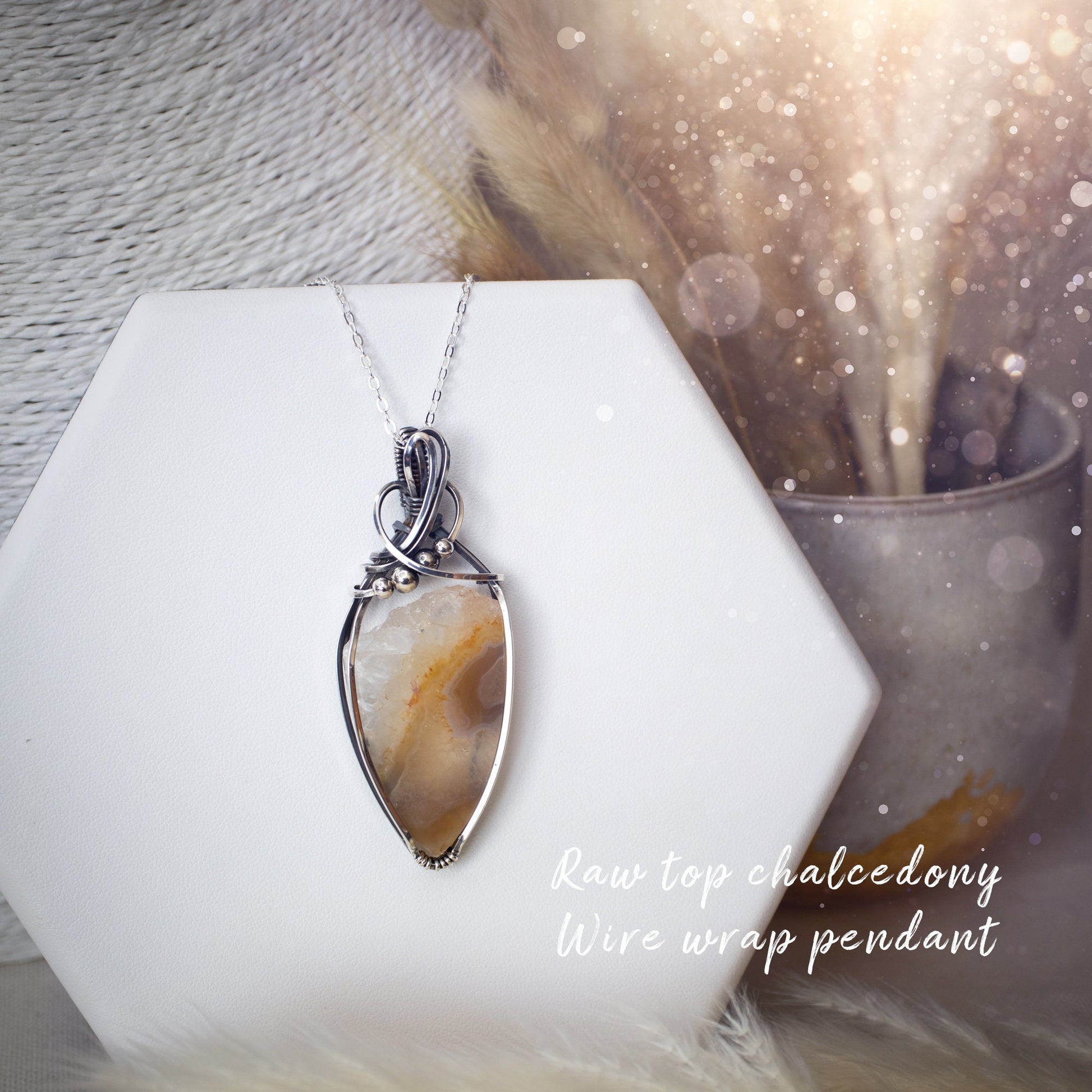 Raw Top Chalcedony Wire Wrap Pendant - In Sterling Silver - Christmas Gifts