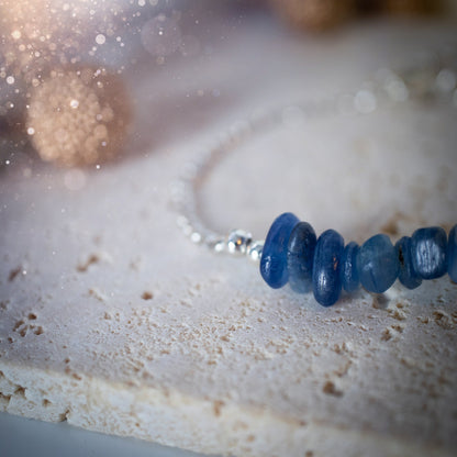 Silver plated, Kyanite bracelet. Featuring small, natural, deep blue kyanite crystal chips. The bracelet is 6.5inchs and comes with an extender. Beautiful and complimentary to any outfit or special occasion. Ideal Gift.