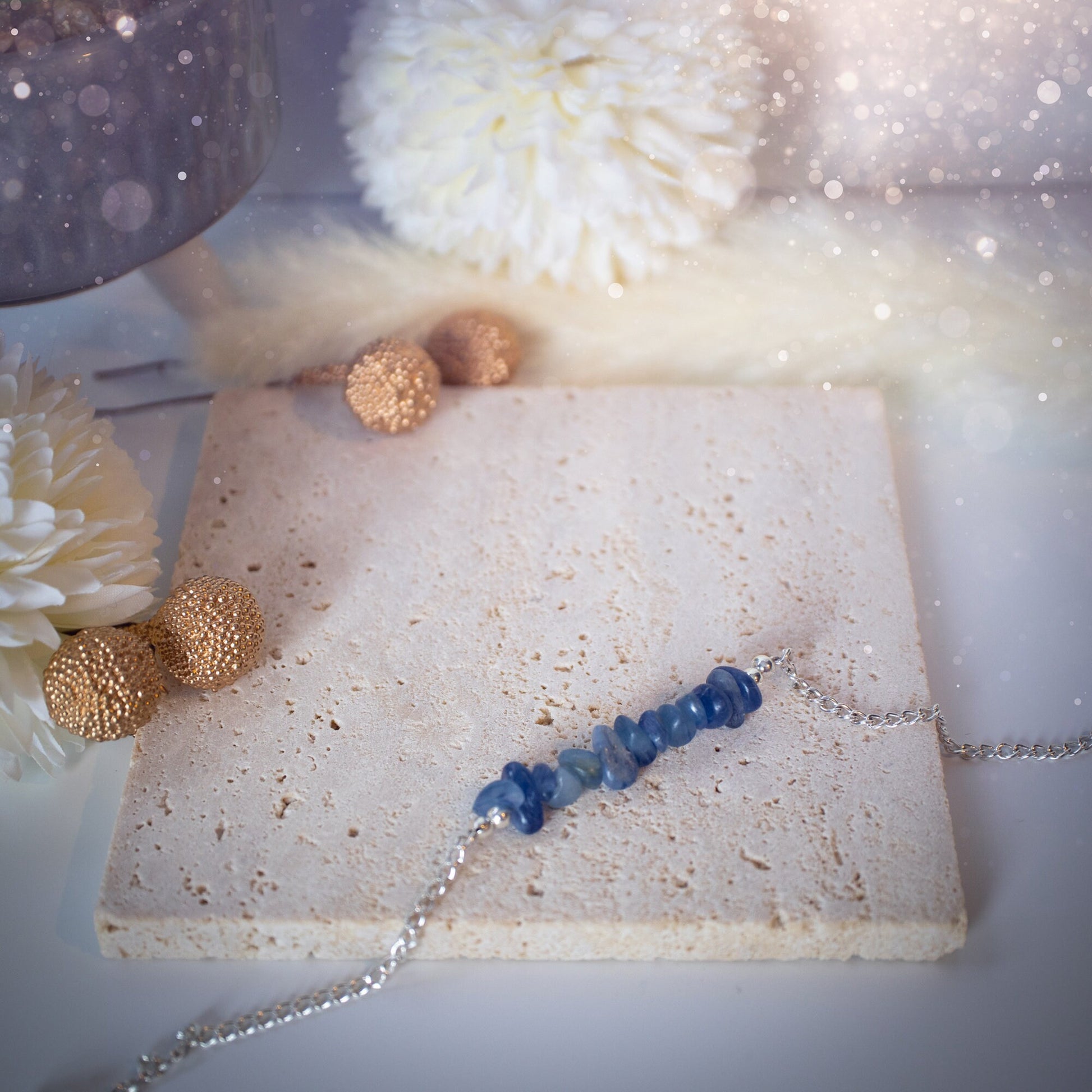 Silver plated, Kyanite bracelet. Featuring small, natural, deep blue kyanite crystal chips. The bracelet is 6.5inchs and comes with an extender. Beautiful and complimentary to any outfit or special occasion. Ideal Gift.