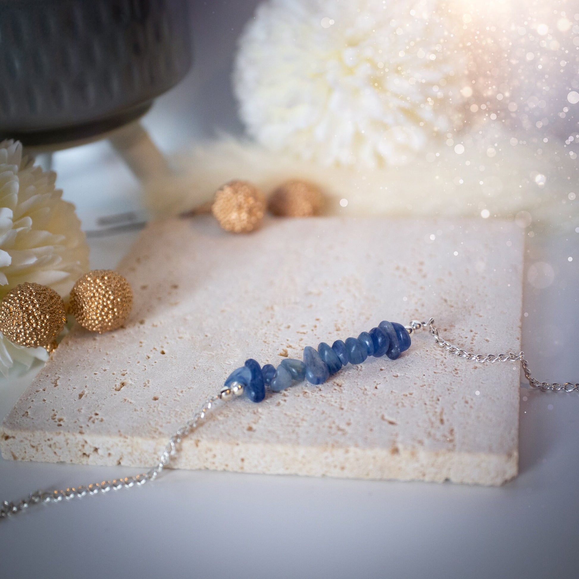 Silver plated, Kyanite bracelet. Featuring small, natural, deep blue kyanite crystal chips. The bracelet is 6.5inchs and comes with an extender. Beautiful and complimentary to any outfit or special occasion. Ideal Gift.