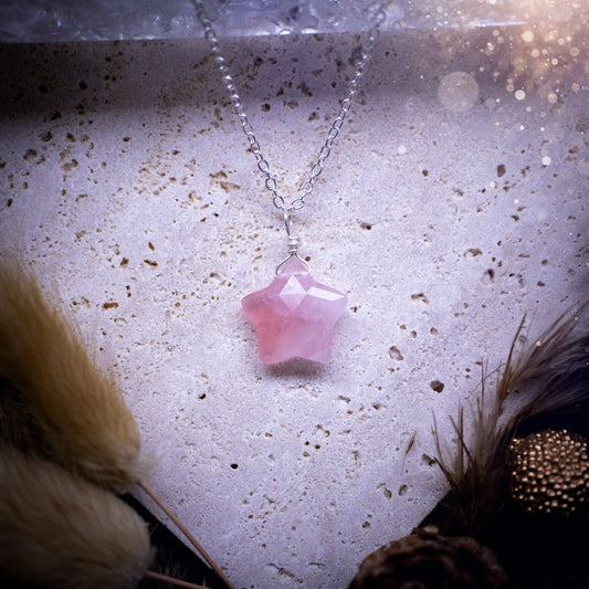 Beautiful and handmade, dainty rose quartz star pendant necklace. This little pendant necklace features a natural faceted star on a sterling silver chain. Gorgeous colours and sparkle. Ideal for crystal lovers, birthday gifts and special occasions.