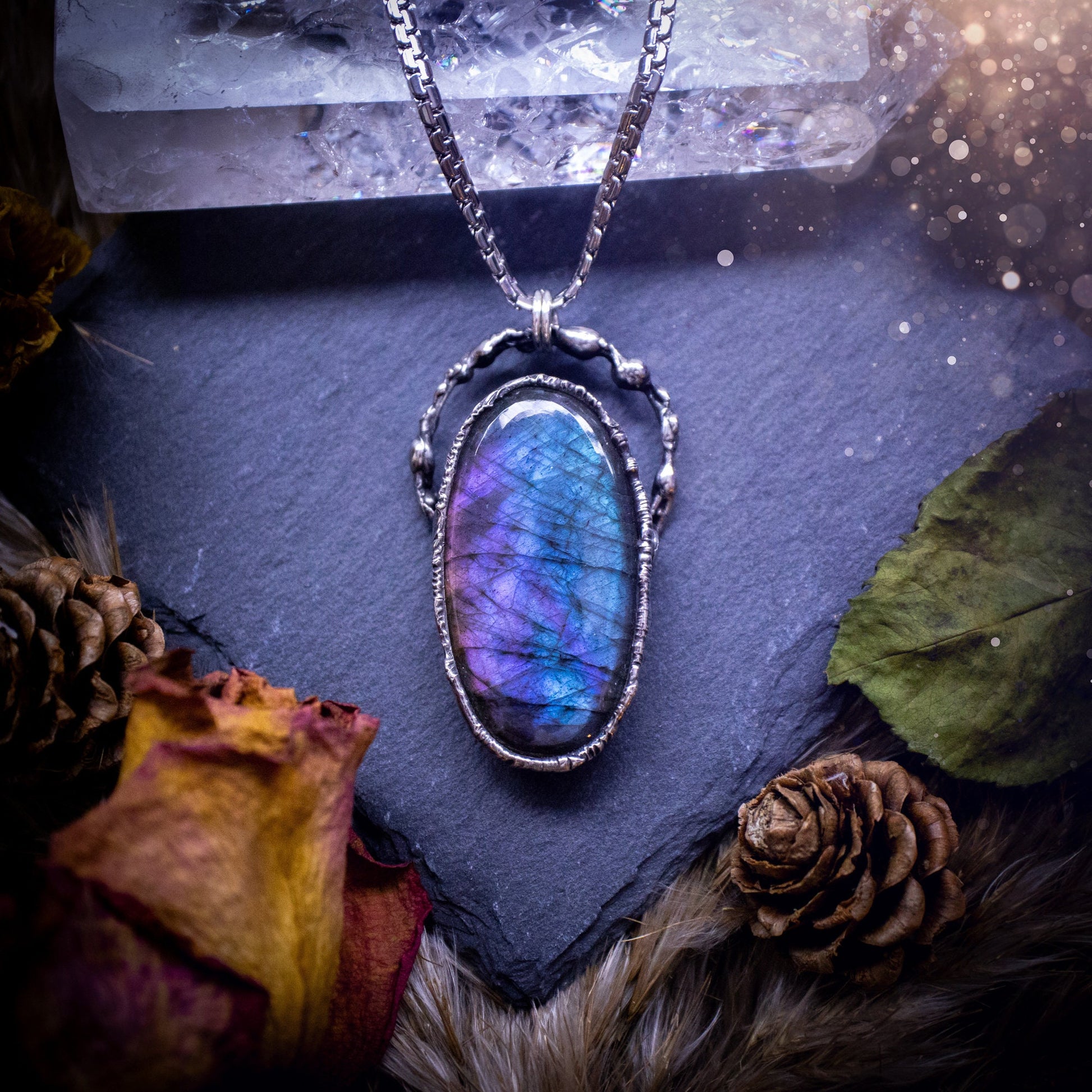 Large, beautiful rainbow labradorite, soft soldered pendant necklace. This pendant has been made using the tiffany technique with lead free solder that contains silver. Featuring the most beautiful rainbow crystal. Gothic Jewellery. Crystals, witchy