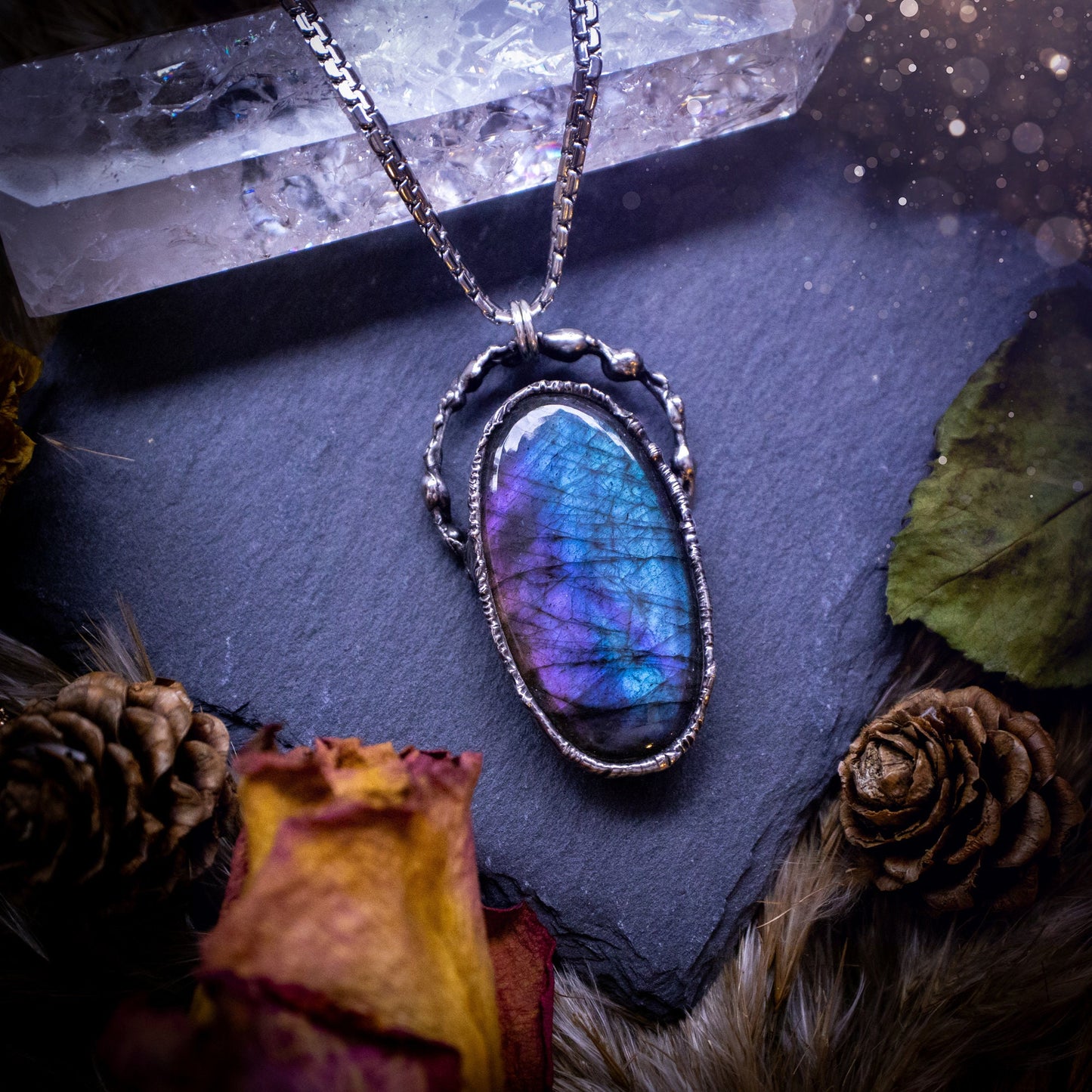 Large, beautiful rainbow labradorite, soft soldered pendant necklace. This pendant has been made using the tiffany technique with lead free solder that contains silver. Featuring the most beautiful rainbow crystal. Gothic Jewellery. Crystals, witchy