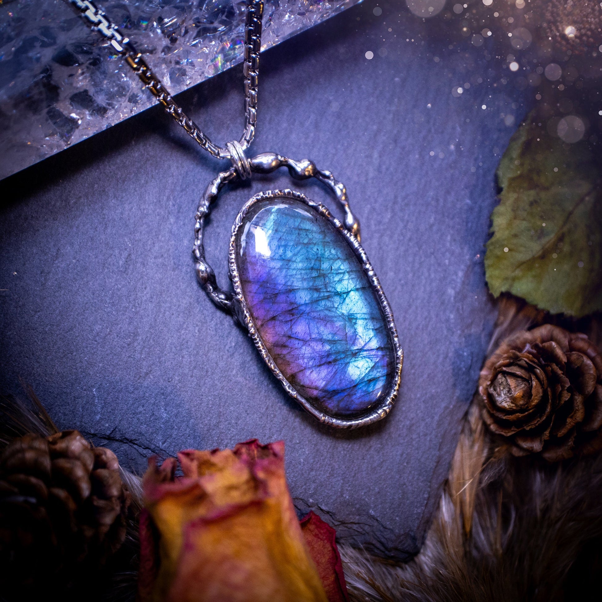 Large, beautiful rainbow labradorite, soft soldered pendant necklace. This pendant has been made using the tiffany technique with lead free solder that contains silver. Featuring the most beautiful rainbow crystal. Gothic Jewellery. Crystals, witchy