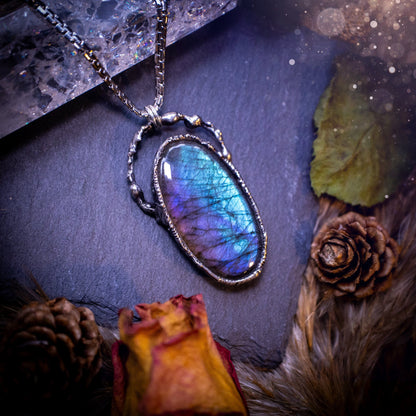 Large, beautiful rainbow labradorite, soft soldered pendant necklace. This pendant has been made using the tiffany technique with lead free solder that contains silver. Featuring the most beautiful rainbow crystal. Gothic Jewellery. Crystals, witchy