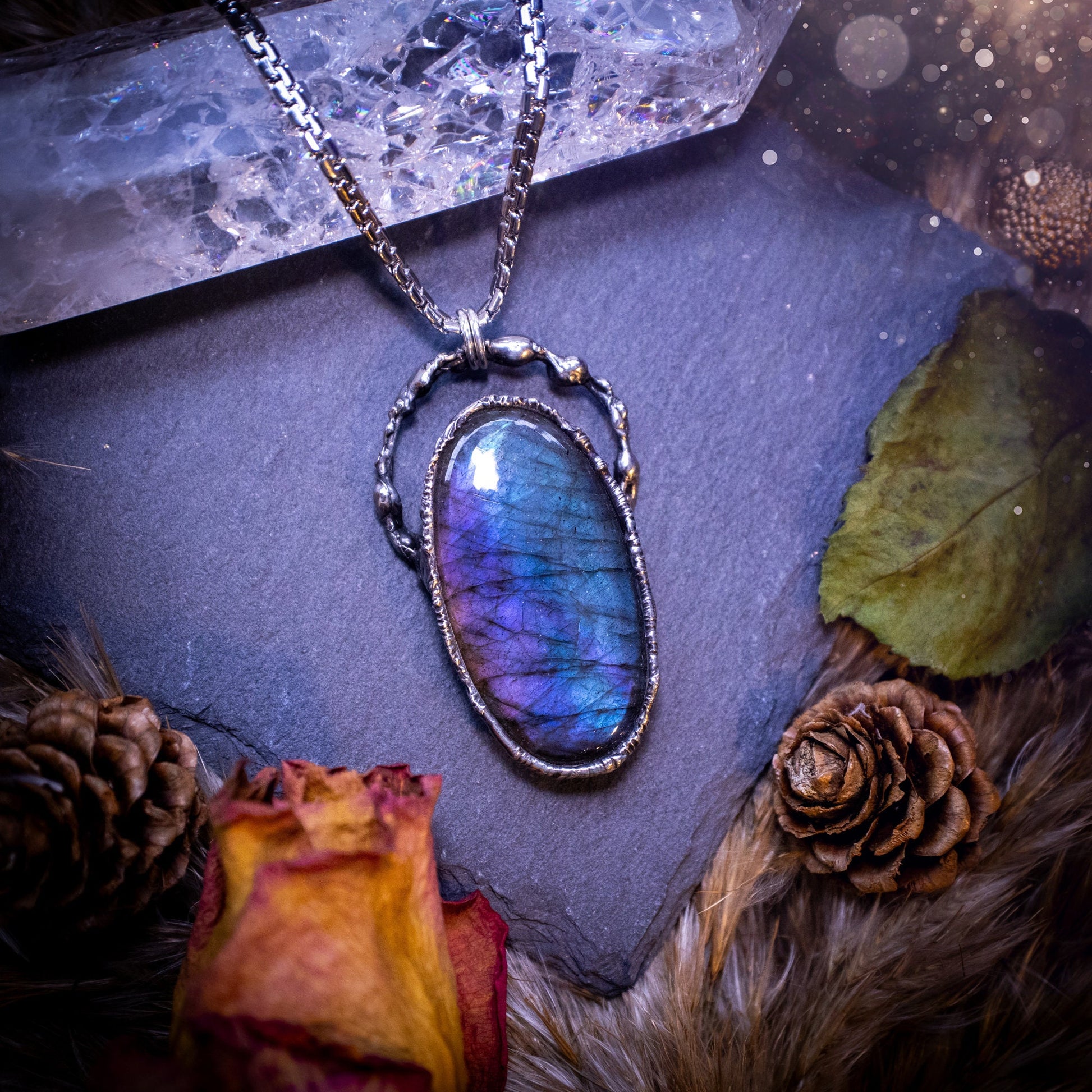 Large, beautiful rainbow labradorite, soft soldered pendant necklace. This pendant has been made using the tiffany technique with lead free solder that contains silver. Featuring the most beautiful rainbow crystal. Gothic Jewellery. Crystals, witchy