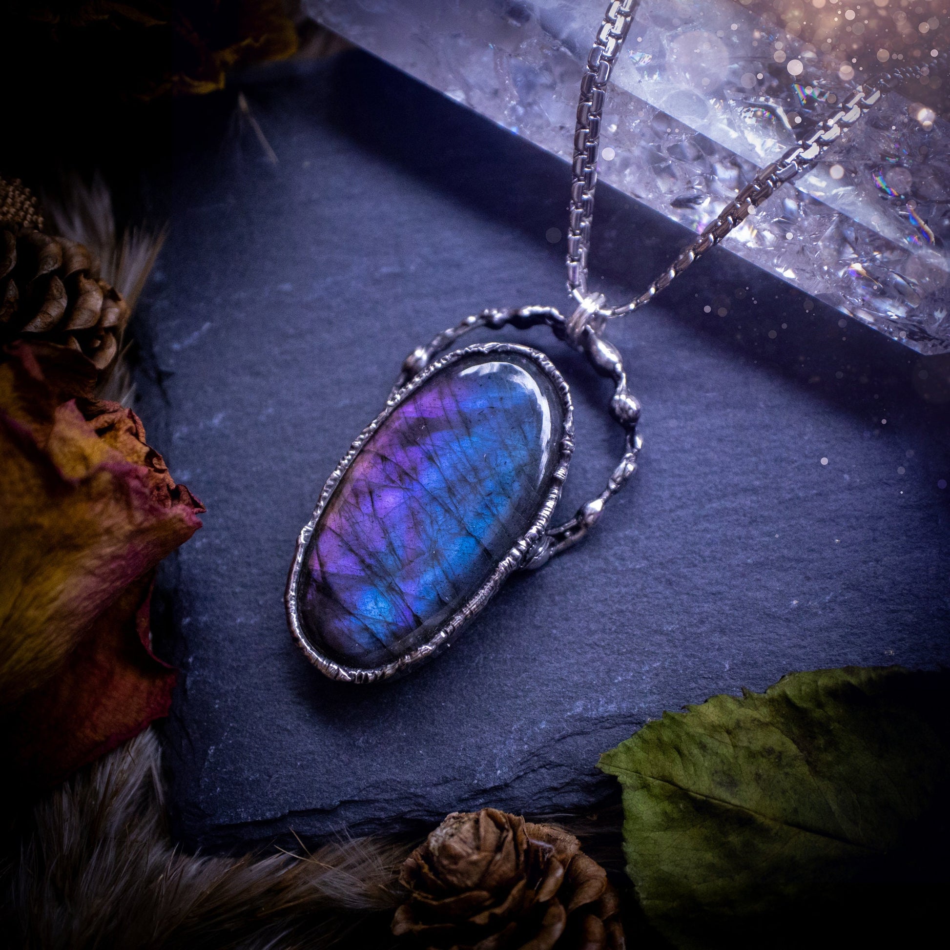 Large, beautiful rainbow labradorite, soft soldered pendant necklace. This pendant has been made using the tiffany technique with lead free solder that contains silver. Featuring the most beautiful rainbow crystal. Gothic Jewellery. Crystals, witchy